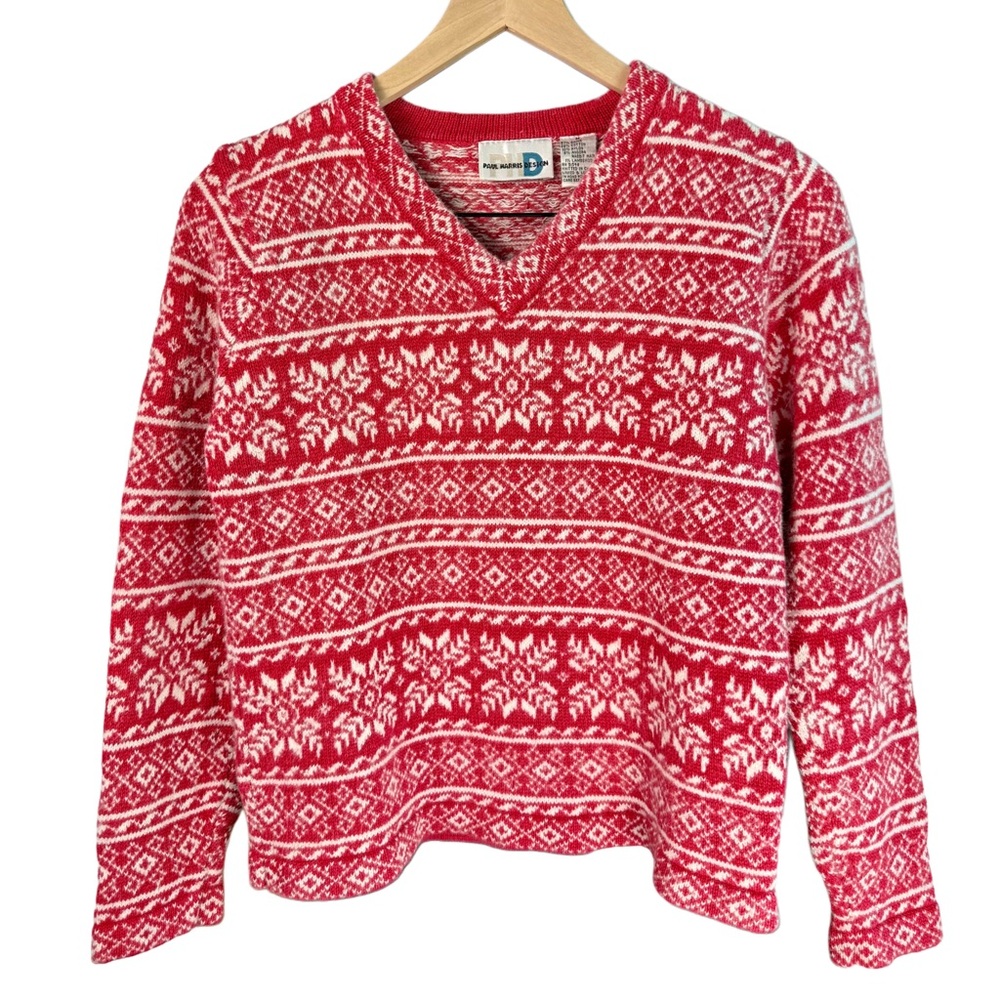Vintage Paul Harris Design V-Neck Sweater | Red &White | Medium
